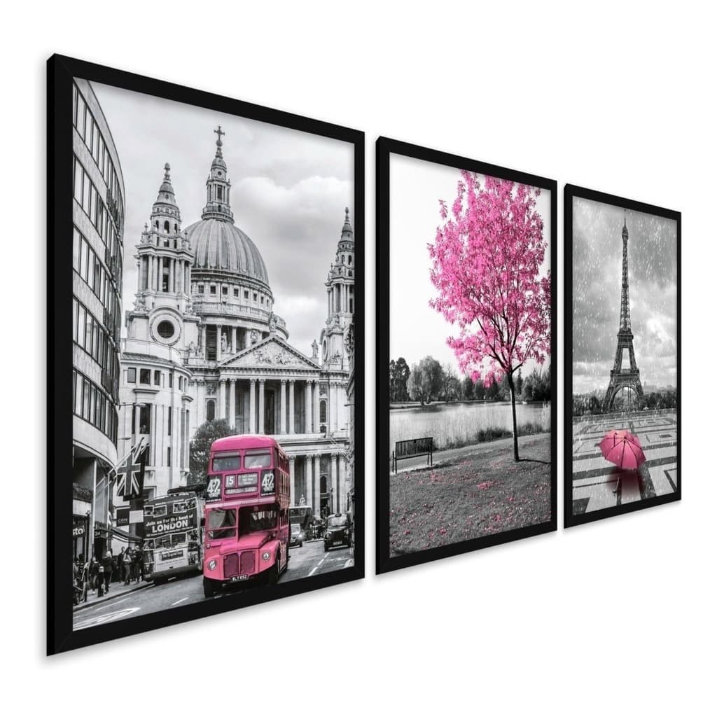 Quadros Decorativos Moldura Londres Paris Árvore Rosa