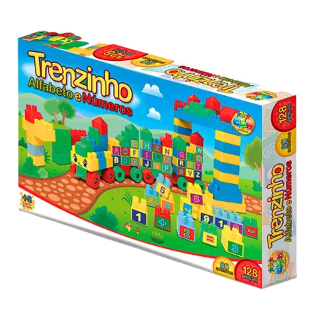 Blocos de montar brinquedo educacional trenzinho alfabetos e números 128 peças
