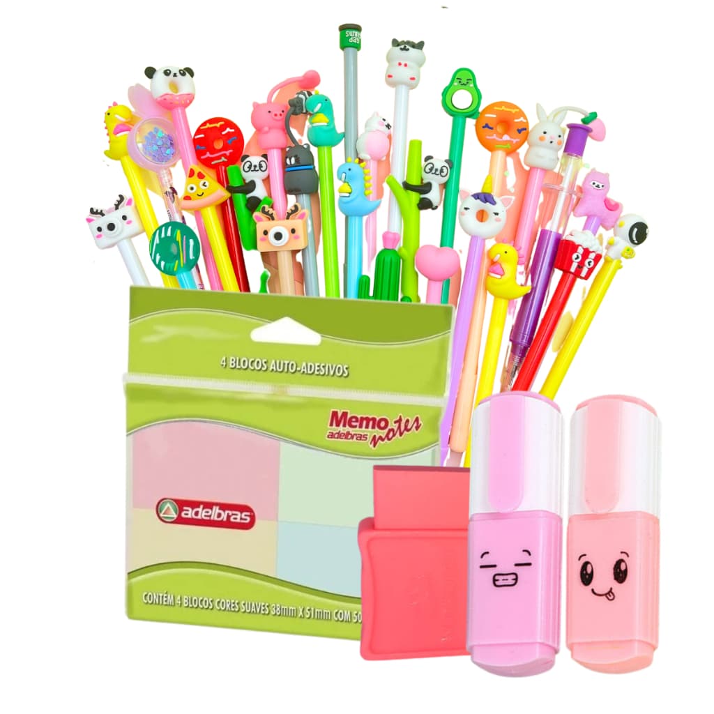 Kit 5 Canetas Kawaii Fofas + 2 Mini Marca Texto + 1 Bloco Auto Adesivo + 1 Borracha