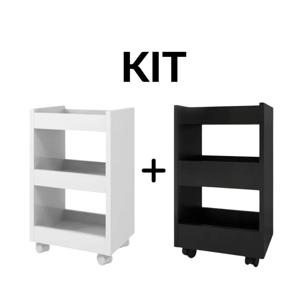 Kit 2 Carrinhos Cor Branco e Preto Carrinho Auxiliar Com Rodinhas Para Manicure