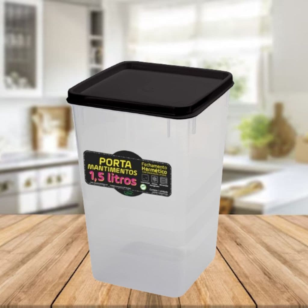 Pote Mantimento Hermético 1kg Alimento Tampa e Trava Empilhável de 1,5 Litros Tampa Preta 18cm Açúcar Feijão Sal