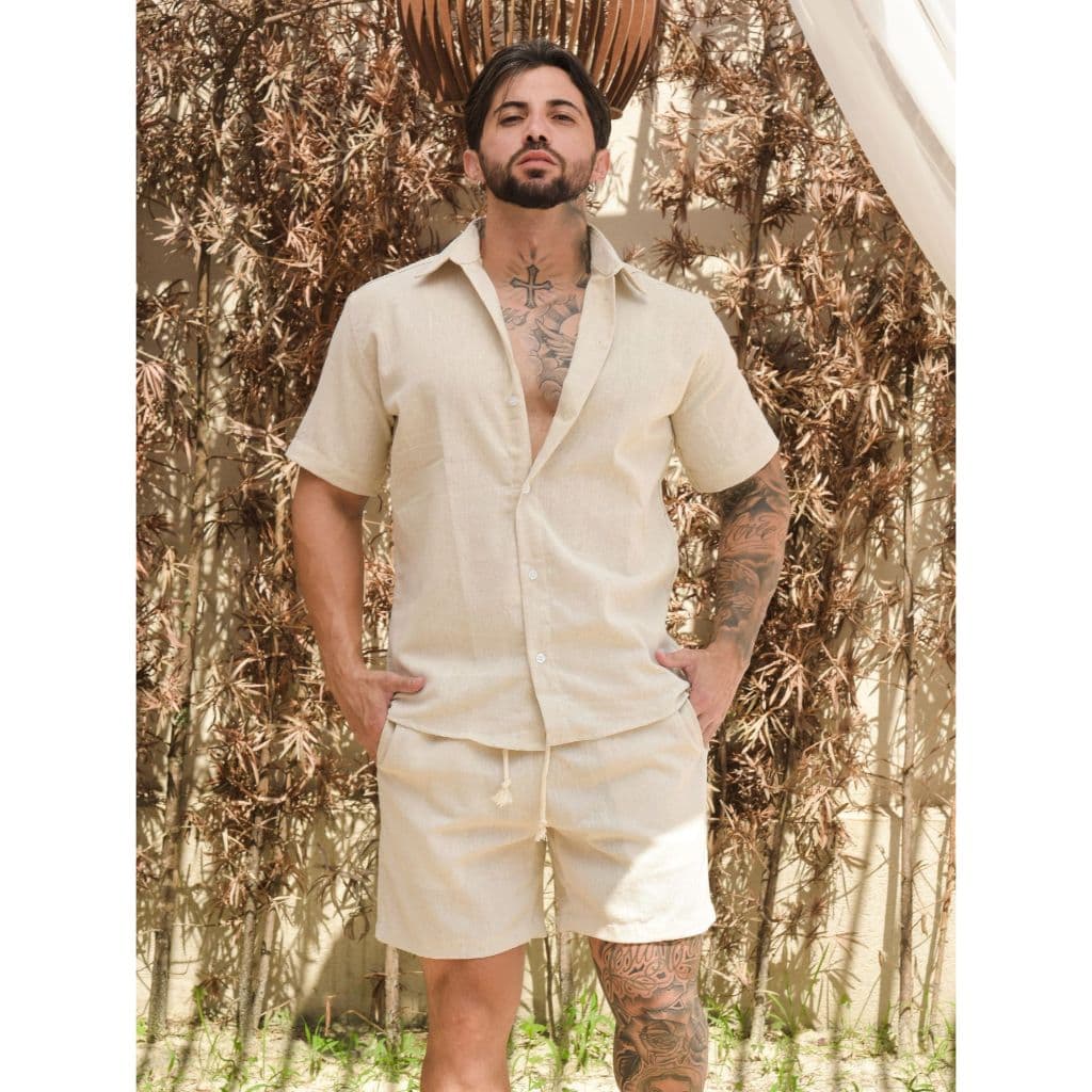 Conjunto Masculino de Linho Camisa Linho botão e Bermuda