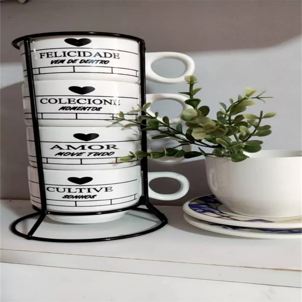 Jogo de Xícaras Porcelana Branca Café Chá com Suporte Kit Canecas