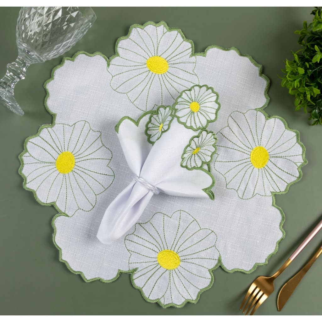 jogo Americano Sousplat Com Guardanapos Bordados Flor Margarida Para 6 Lugares 12 Peças Cozinha Mesa Posta