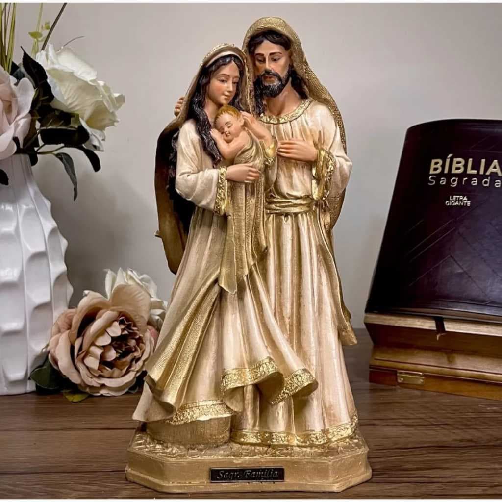 Imagem Sagrada Família Resina Barroca Dourada Grande Para Casamento 40 cm