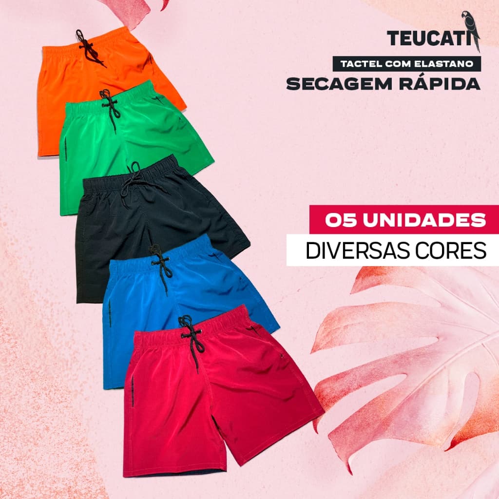Kit 05 Shorts Bermudas Tactel com Elastano Casual Academia Secagem Rápida Confortável