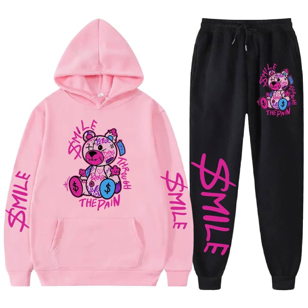 Conjunto Calça Blusa Moletom Capuz E Bolso Flanelado Unissex Streetwear Urso Smile Moda Swag Cartoon