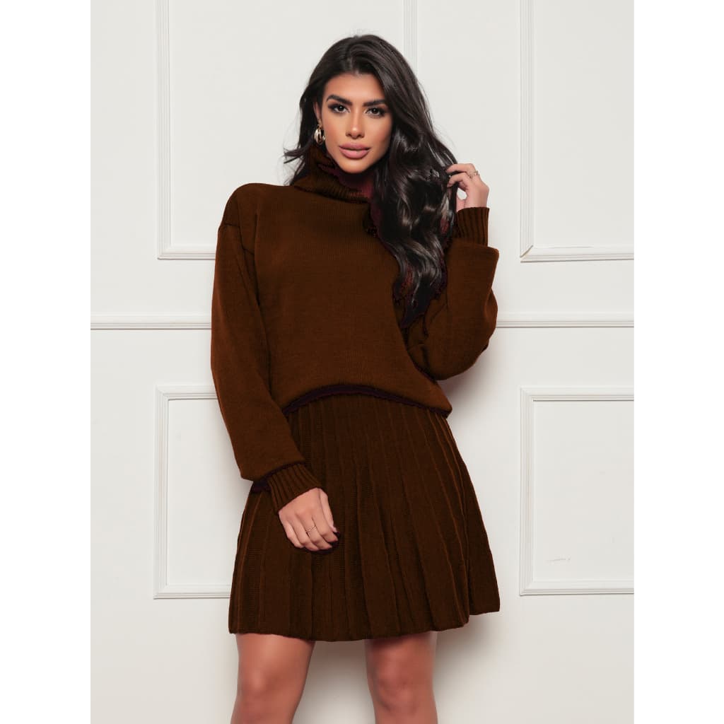 Conjunto Tricot Modal 2 Peças Blusa gola alto com saia