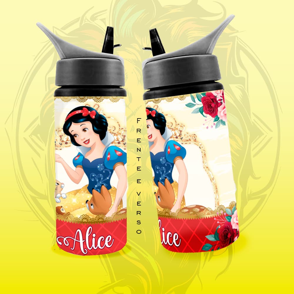 Squeeze de aluminio personalizada com nome - branca de neve - princesas - garrafa de água meninas
