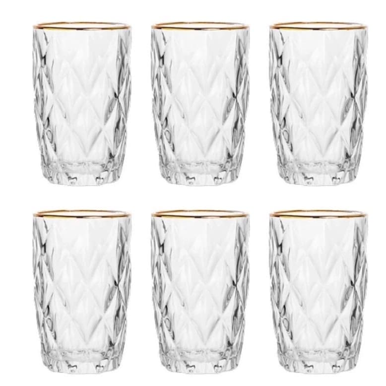 Jogo Com 6 Copos Diamond Borda Dourada Transparente 350ml
