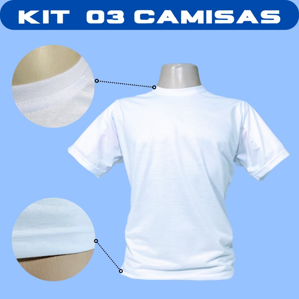 Kit 3 Camisetas Brancas 100% Poliéster VERZZOLO Para Sublimação Silk Personalização