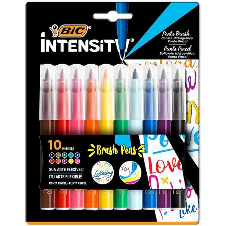 Kit 10 Pen Brush Caneta Pincel Brush Pen Lettering Cores Intensity Bic