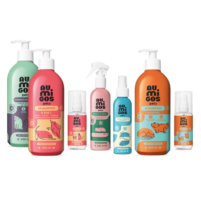 Linha Au.Migos Pets (o Boticário): Shampoo 5 em 1, Condicionador, Colônia, Banho a Seco e mais (AuMigos)