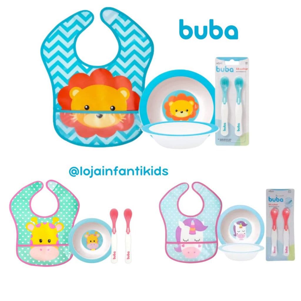 Kit Introdução Alimentar Buba Bebê com Prato Bowl fundo (tigelinha) + Babador Impermeável + Colher Silicone Kit Refeição