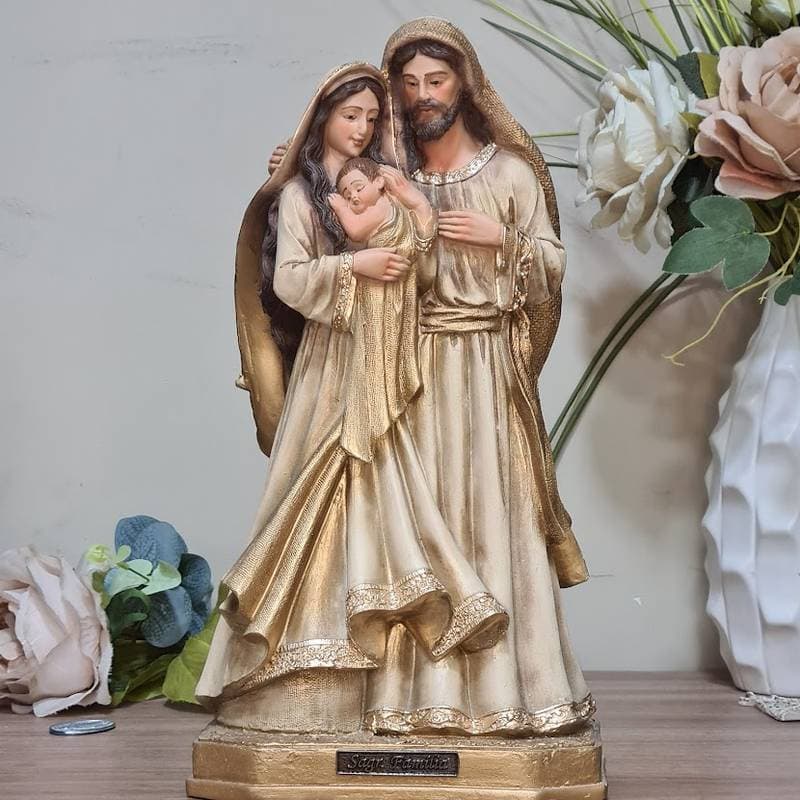 Imagem Sagrada Família Resina Barroca Dourada Grande Para Casamento 30 cm
