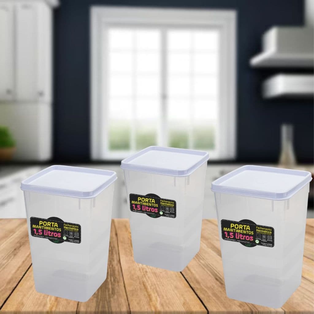 Kit 3 Potes Porta Mantimento Hermético 1kg de Alimento Capacidade  de 1,5 Litros Tampa Branca 18cm Empilhável Tampa Trav
