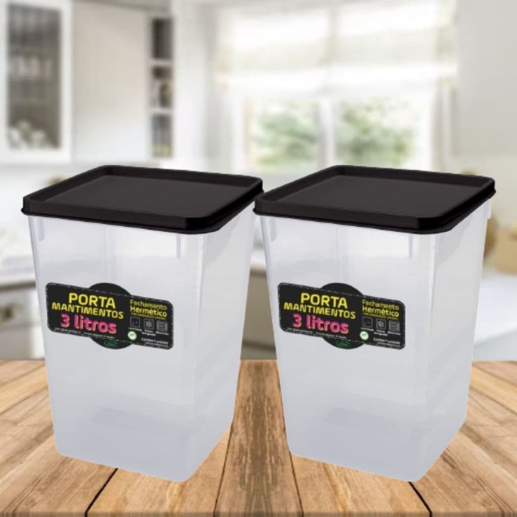 Kit 2 Potes Mantimento Hermético 2kg Alimento Capacidade 3,0l Tampa Trava Preta Vedação Conservar Organizar Cozinha Armá