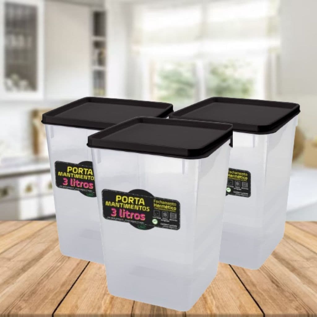 Kit 3 Potes Mantimento Hermético 2kg Alimento Capacidade 3,0l Tampa Trava Preta Vedação Conservar Organizar Cozinha Armá