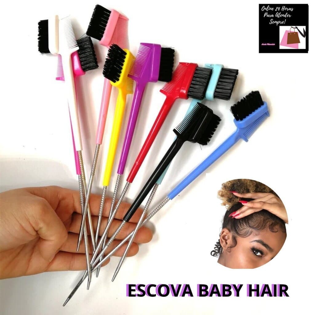 Kit - Pente Escova Escovinha Baby Hair 3 Em 1 Ponta Fina Pentinho Para Cabelo Sobrancelha Trança Penteado de Aço Gringa Girl Multifuncional