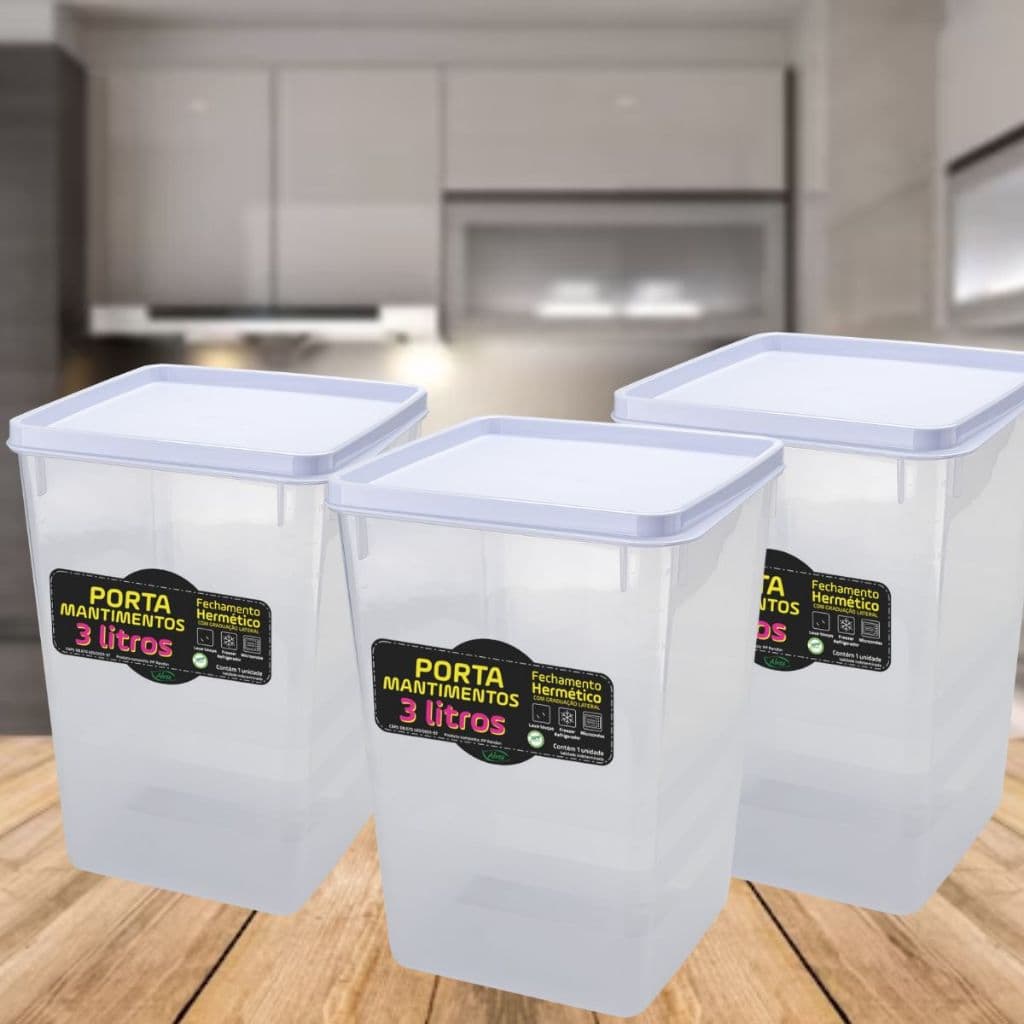 Kit 3 Potes Mantimento Hermético Alimento Capacidade 3,0l Tampa Trava Branca Vedação Conservar Organizar Cozinha Armário
