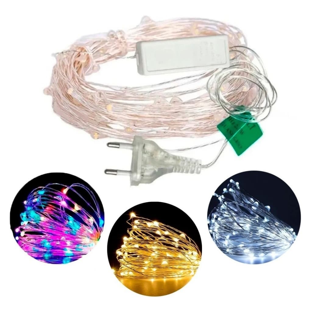 Arame Fio Fada Cordão 10m 100 Leds Tomada Luz Fixa Branco-Quente Branco-Frio Colorido Decor Natal