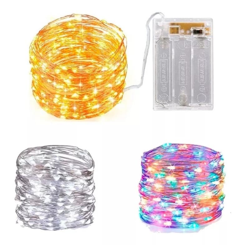Fio Fada Cordão Luz Led Cores Natal 10m 100 Leds 3 Pilhas AA Para Decoração Festas Natal, Ano Novo