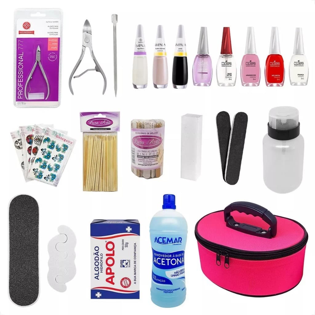Kit Unhas Manicure Pedicure Alicate Esmaltes Frasqueira Rosa