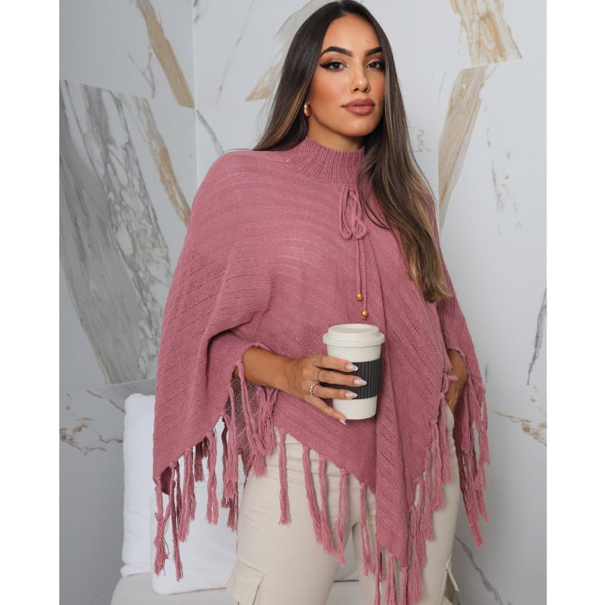 Poncho Tricot Franja Gola Alta Blusa Feminino Cacharrel Túnica Moda Tendência