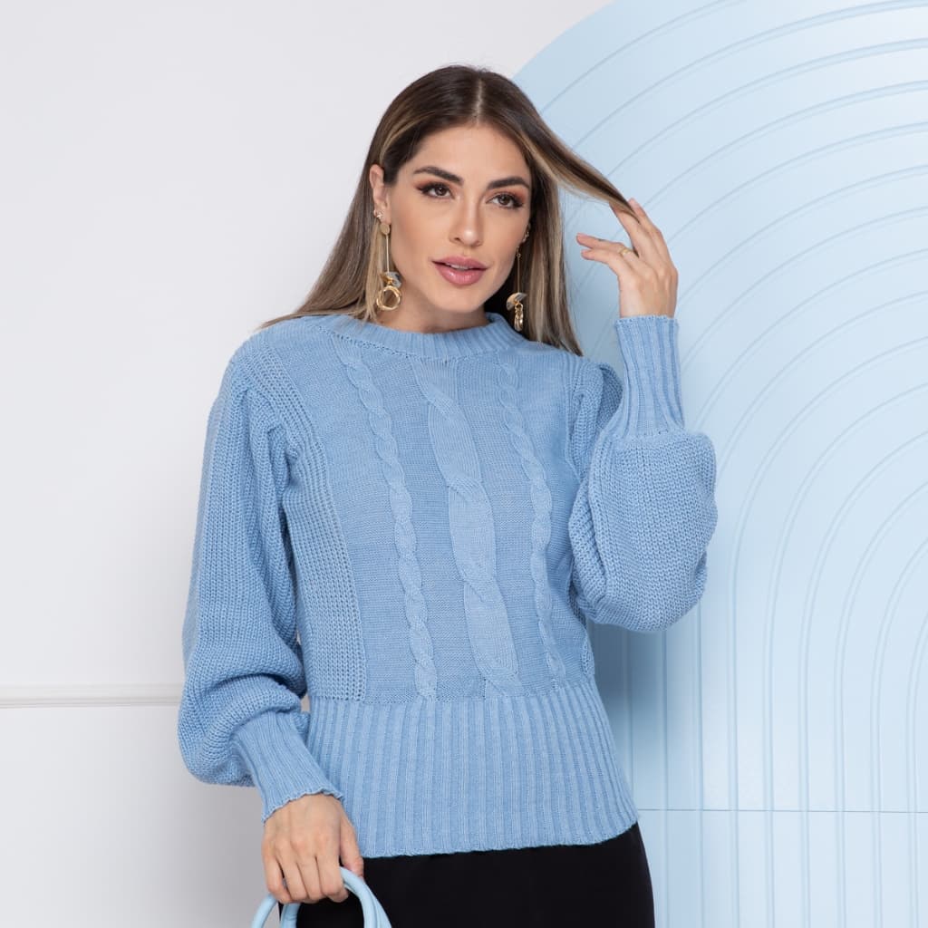 Blusa Tricô De Linha Manga Bufante Trançada Moda Inverno NOVA 2209