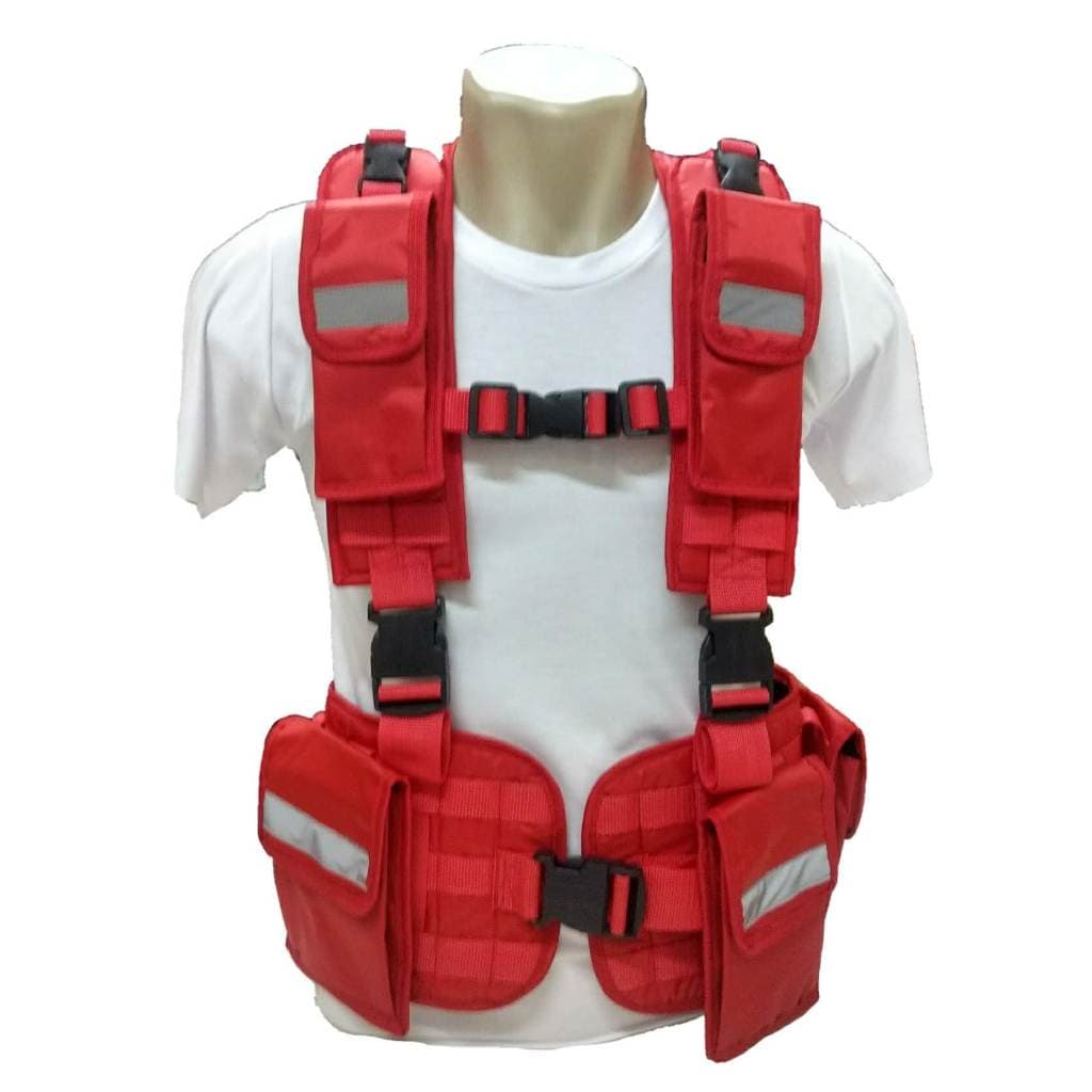 Colete Funcional Estilo Suspensório R&Z Vermelho — 6 Bolsos, Costas Livres e Ampla Regulagem | APH e Equipamentos