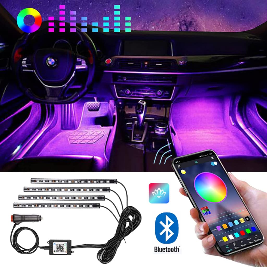 LED Neon RGB Interno Carro Bluetooth Controle via APP Sensor Sonoro Ritmico Tuning Plug Acendedor 12V