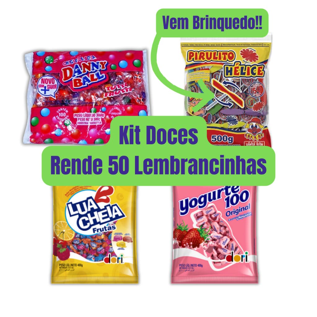 Kit Doces e Brinquedo para 50 Saquinhos Surpresa Lembrancinha Festa Infantil Aniversário Completo
