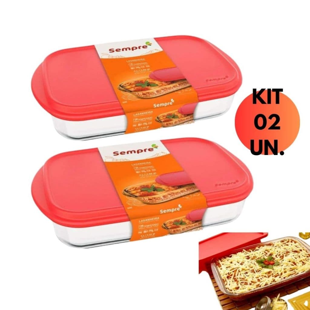 Jogo 02 Lasanheira Marinex C/ Tampa Refratario 4L Vidro Hermertico Assadeira Forno Sobremesa Kit Conjunto Grande Resistente Mesa Posta Buffet