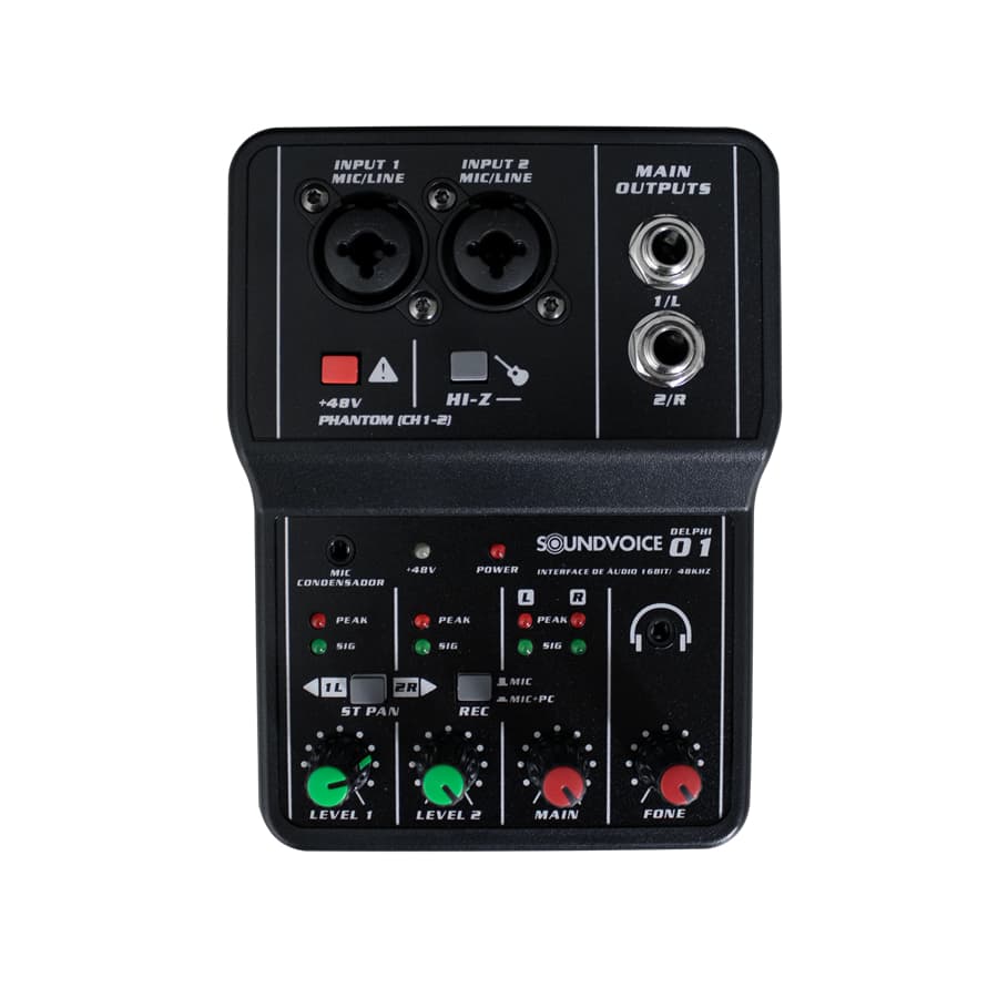 mesa de som 2 canais com phantom power e interface de áudio usb mixer soundvoice delphi01