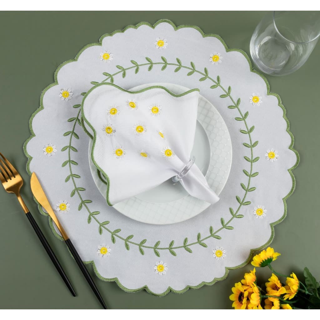jogo Americano Sousplat Com Guardanapos Bordados Flores Margaridas Para 6 Lugares 12 Peças Cozinha Mesa Posta