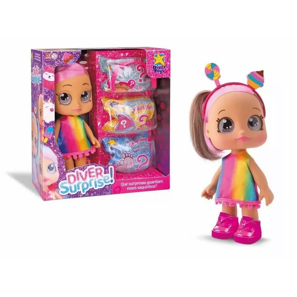 Boneca Diver Surprise Cabelo Castanho e Rosa Estilo LOL Articulada Com Acessórios - Divertoys