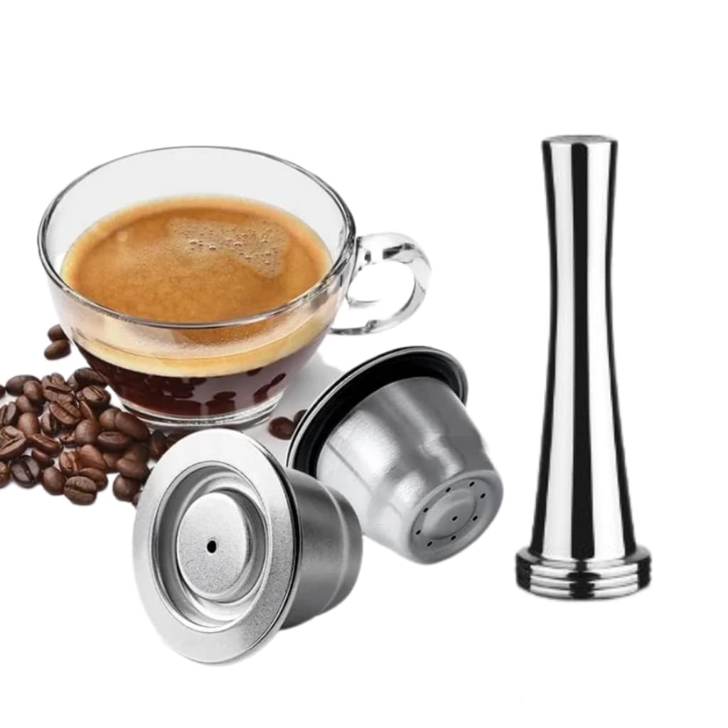02 Cápsulas de Café Reutilizável Inox Recarregável para Nespresso + 1 Tamper (compactador) Inox