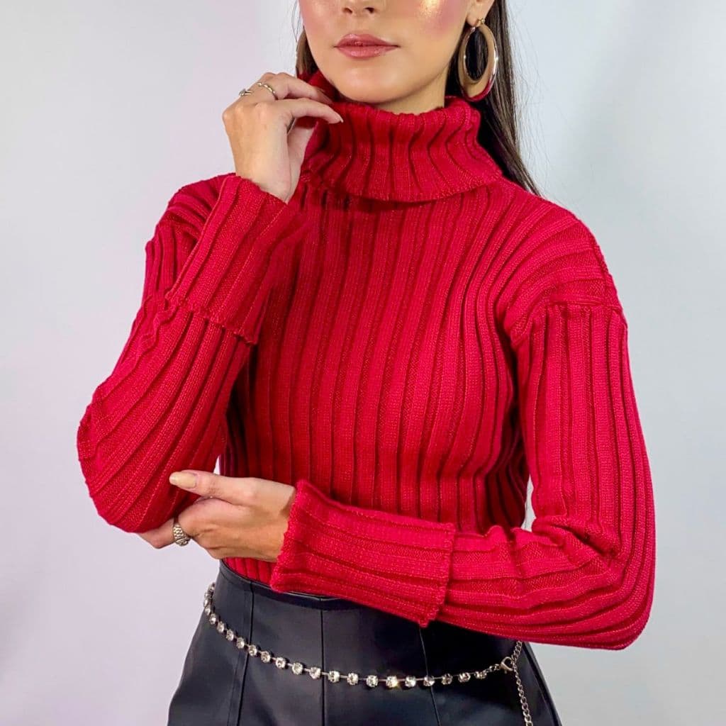Blusa De Frio Feminina Trico Cacharrel Gola Alta Rolê Manga Longa Tricot Canelado