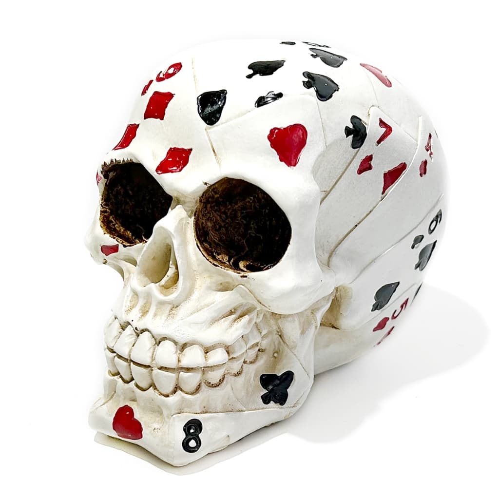 Caveira Crânio Decorativa Em Resina, Cartas De Baralho, Naipes Paus, Ouro, Copa e Espada