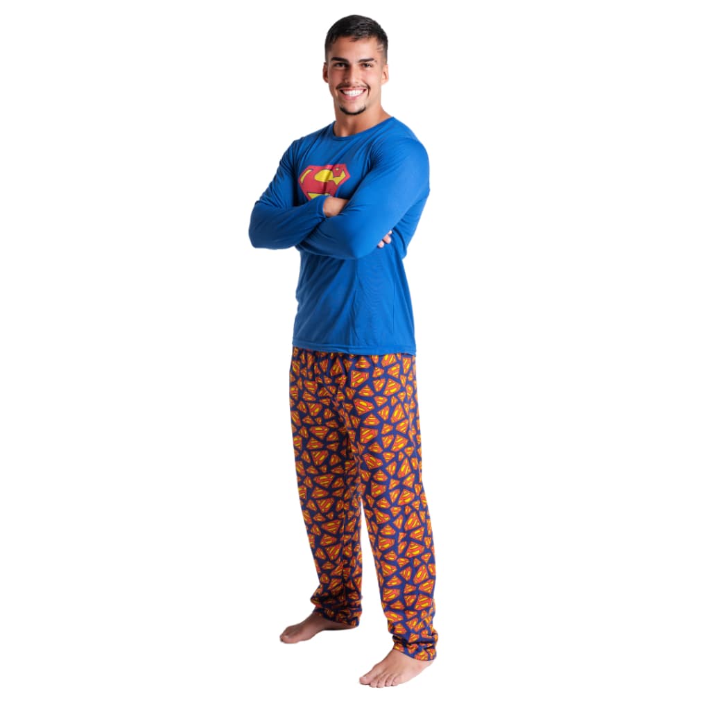 Pijama Adulto Estampa Super Homem Manga Comprida  Roupa De Dormir Frio Linha Noite Masculina 326