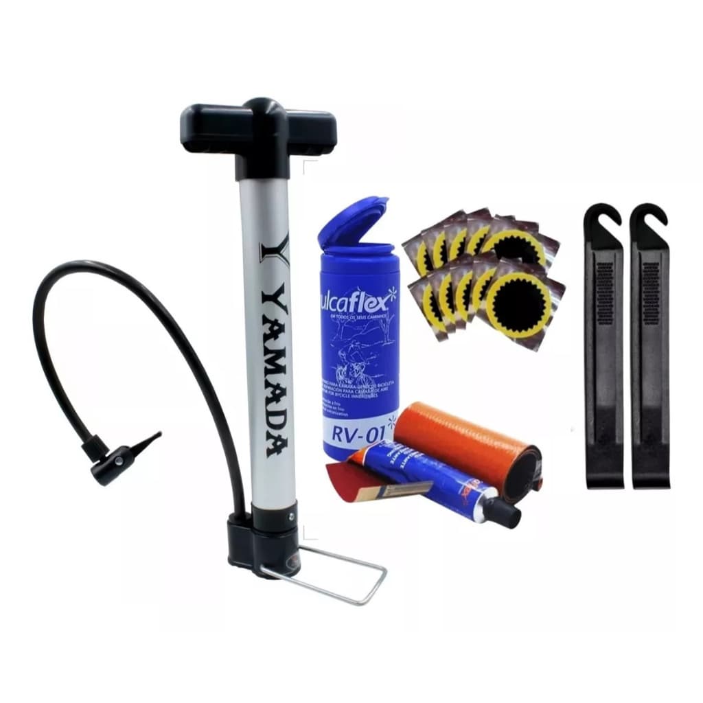 Bomba De Ar Portátil Bicicleta Moto Mtb + Kit Remendo Pneu Reparo Furo Camara de Ar