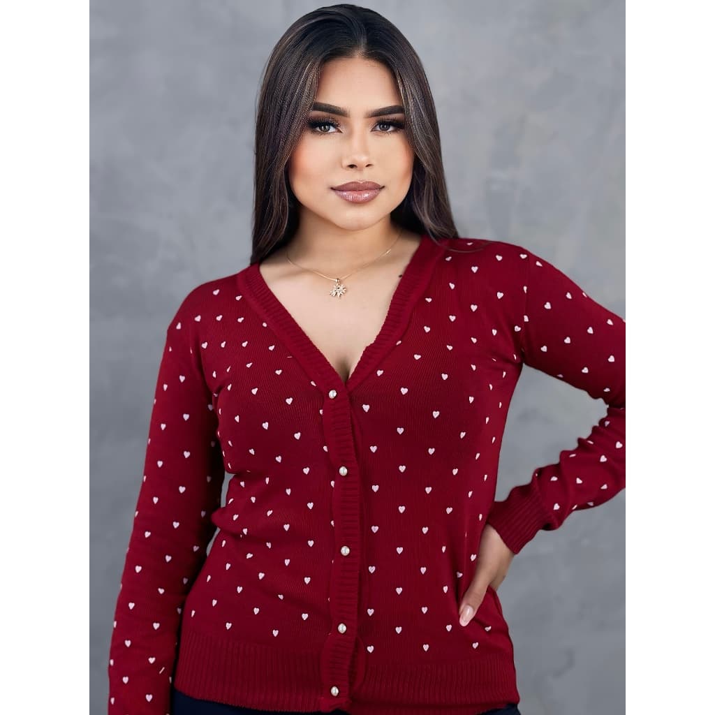 CARDIGAN CASACO DE FRIO TRICOT BOTÕES CORAÇÃO