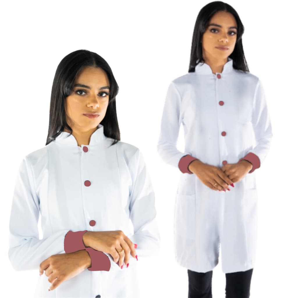 Jaleco Feminino Acinturado Oxford Branco com Punho e Botão Rosê