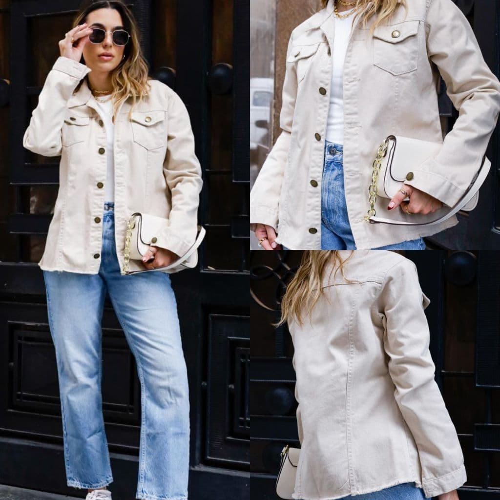 Max Jaqueta Jeans Casual Feminina Sem Barra Botão Ferro  Collor bege , Ser lycra com bolso e botão