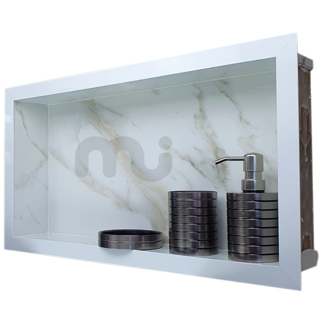 Nicho Em Porcelanato Carrara Com Bordas Em Alumínio Branco 50x30x7 O Único Que Não Empoça Água No Fundo Para Banheiros
