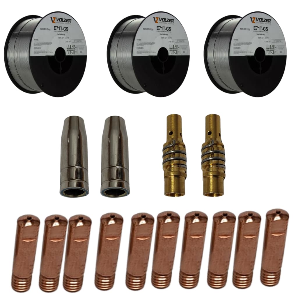 3 Rolo Arame Para Maquina Inversora de Solda Mig S/ Gás ou Flex 1kg 0,8mm +10 Bicos + 2 Difusor + 2 Bocal (17 Pçs)