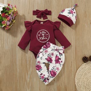 Conjunto De Body Manga Longa + Calça Floral + Chapéu Para Bebês