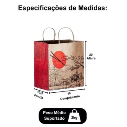 Kit Sacola De Papel Tamanho P 18x30x10,5 Cm Kraft Pardo com Desenho Oriental - Para Delivery Food Presente Entrega