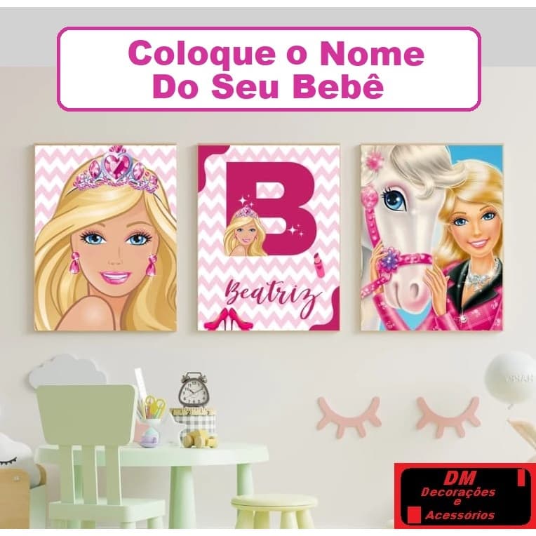 Quadros Infantil Barbie Rosa Com Nome Personalizado 3 Peças