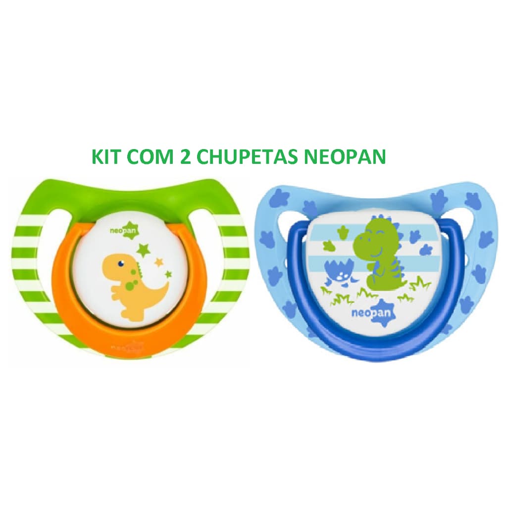 KIT COM 2 CHUPETAS  NEOPAN DINO BABY  E DINOSSAURO BICO ORTODÔNTICO TAMANHO 2